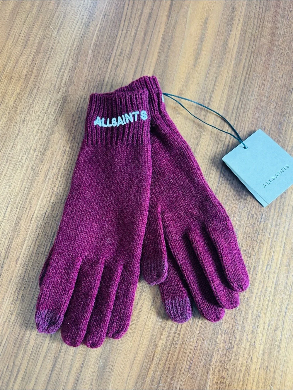 NWT All Saints Classic Logo Wool Gloves tech/touch tawny port red OSFA